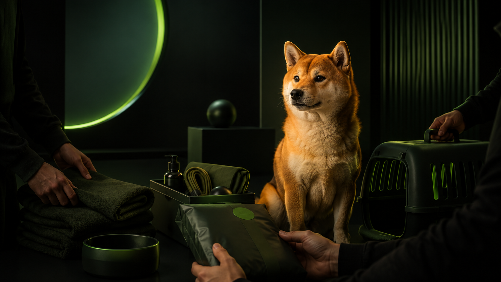 Concept illustration of a Shiba surrounded by people preparing animal-care supplies