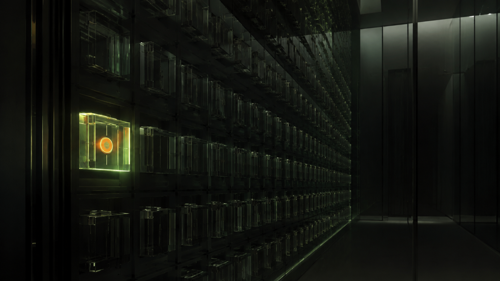 Concept illustration of an ordered glass archive with one founding record illuminated