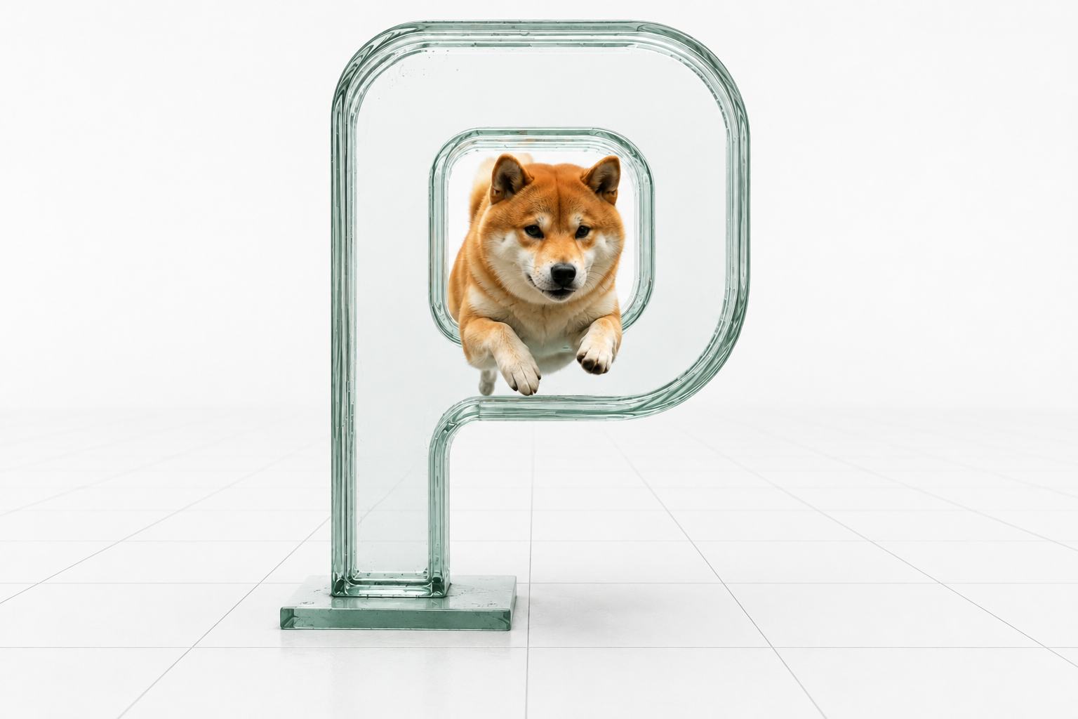A real Shiba Inu leaping through the open counter of a front-facing glass P toward the viewer